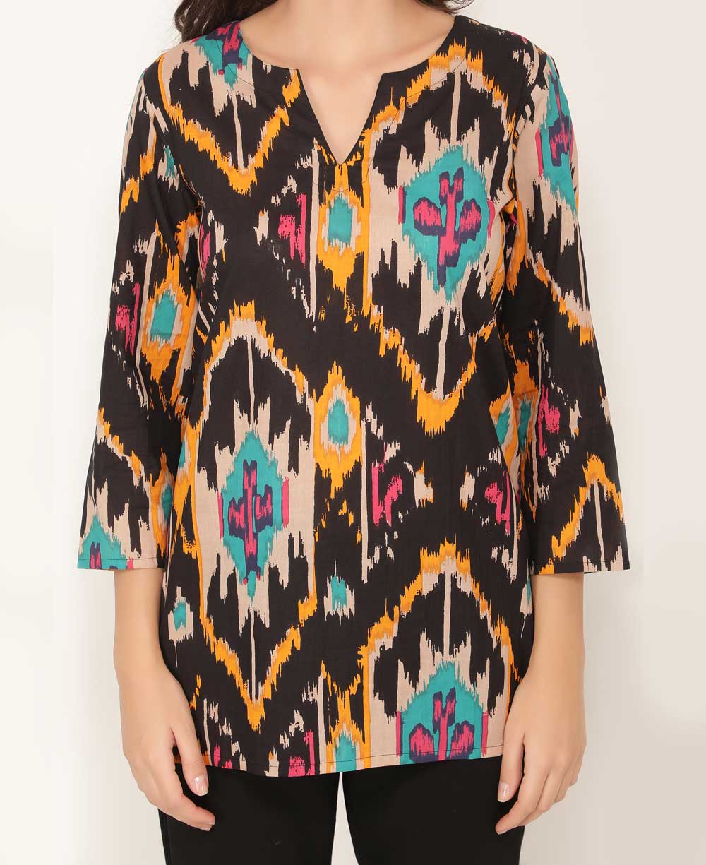 Ikat Inspired Printed Cotton Tunic Top