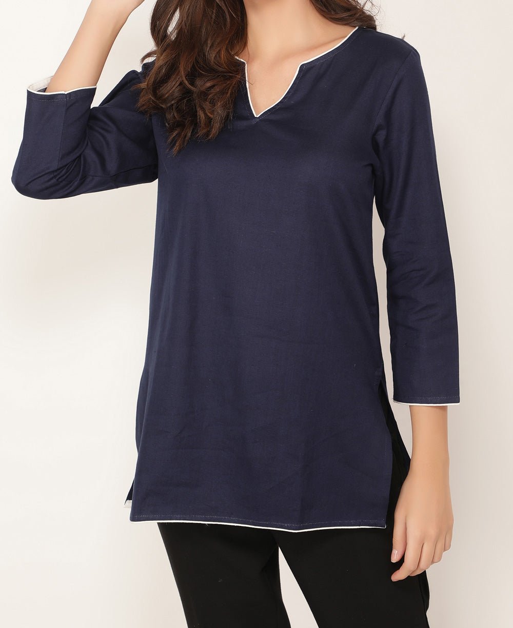 Navy Blue and White Cotton Tunic Top