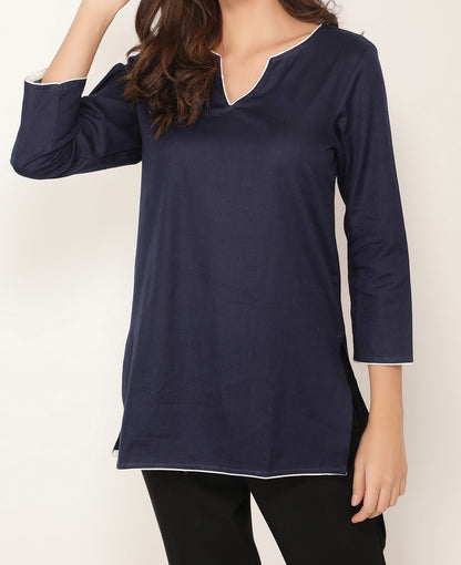 Navy Blue and White Cotton Tunic Top
